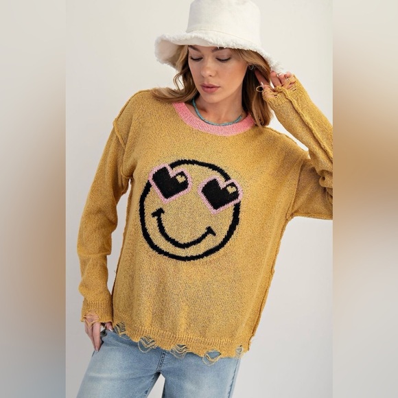 NWT Easel Mustard Smile Distressed Edge Light Weight Sweater Size Small - Picture 1 of 10
